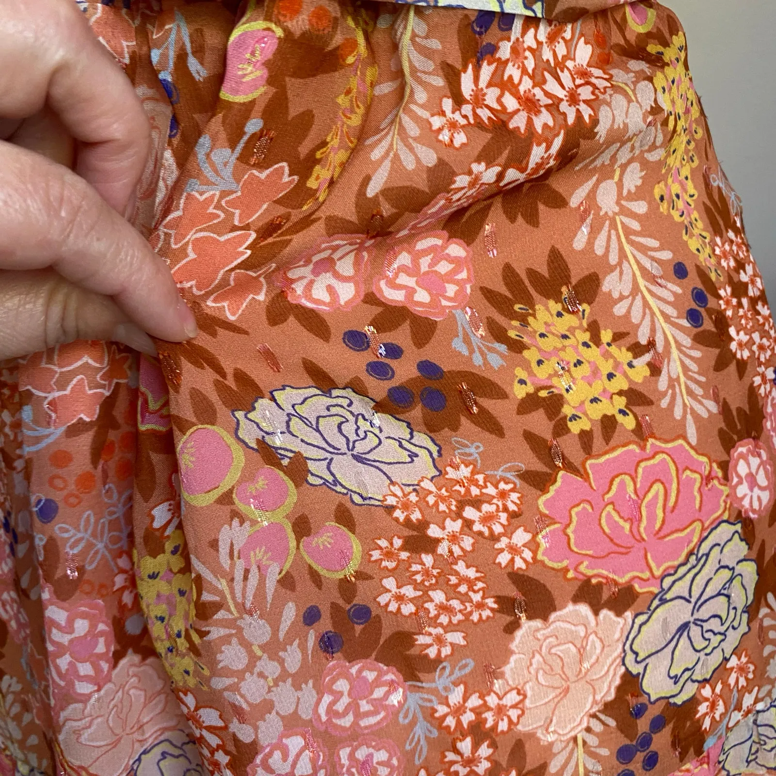 Marie Oliver Thea Silk Floral Mini Dress M Peachy Peonies Belted Ruffle Boho - Image 12