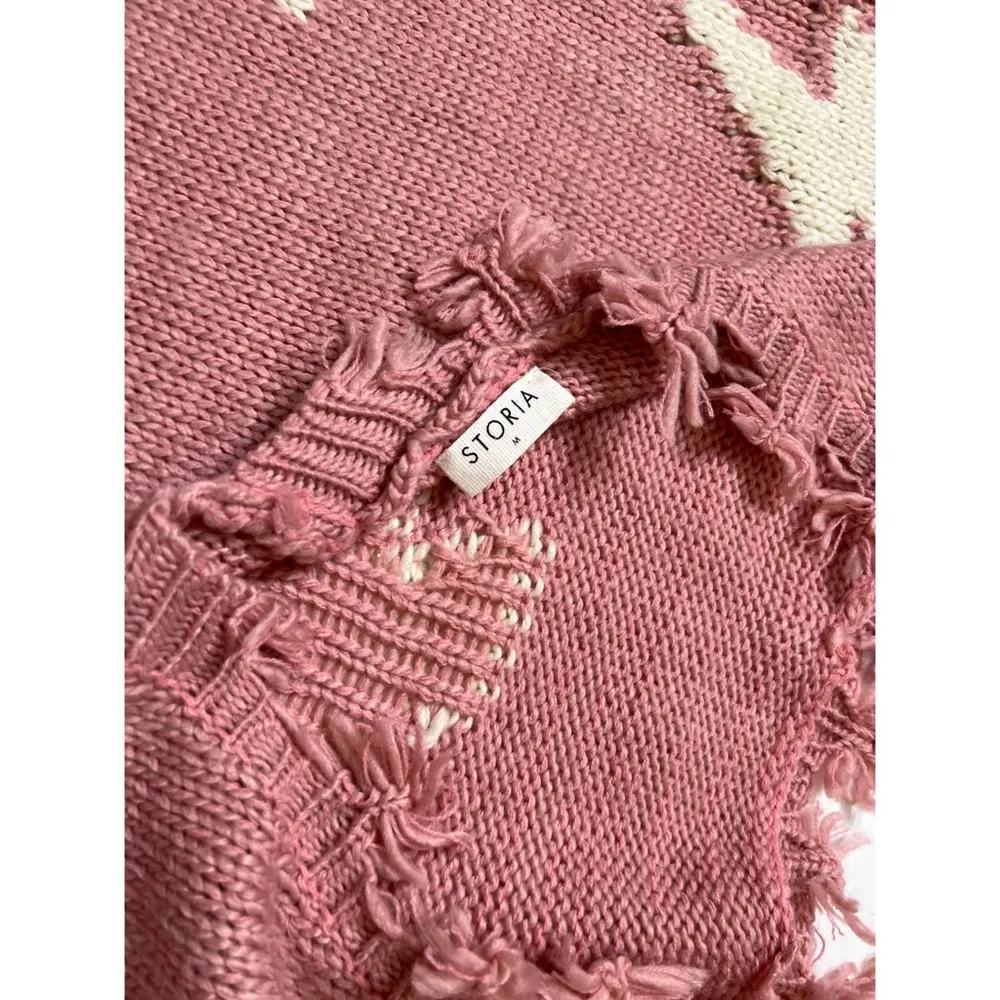 Storia Pink/Ivory Lighting Bolt Design Fray/ Fringe Knit Sweater  Sz M W… - Image 8