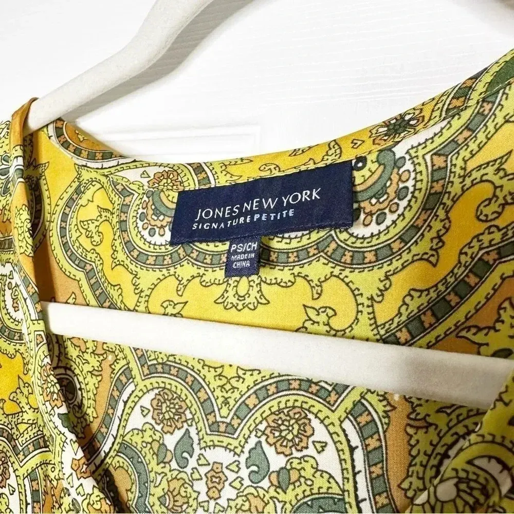 JONES NEW‎ YORK Yellow Scarf Print Sleeveless Blouse Size Petite Small - Image 3