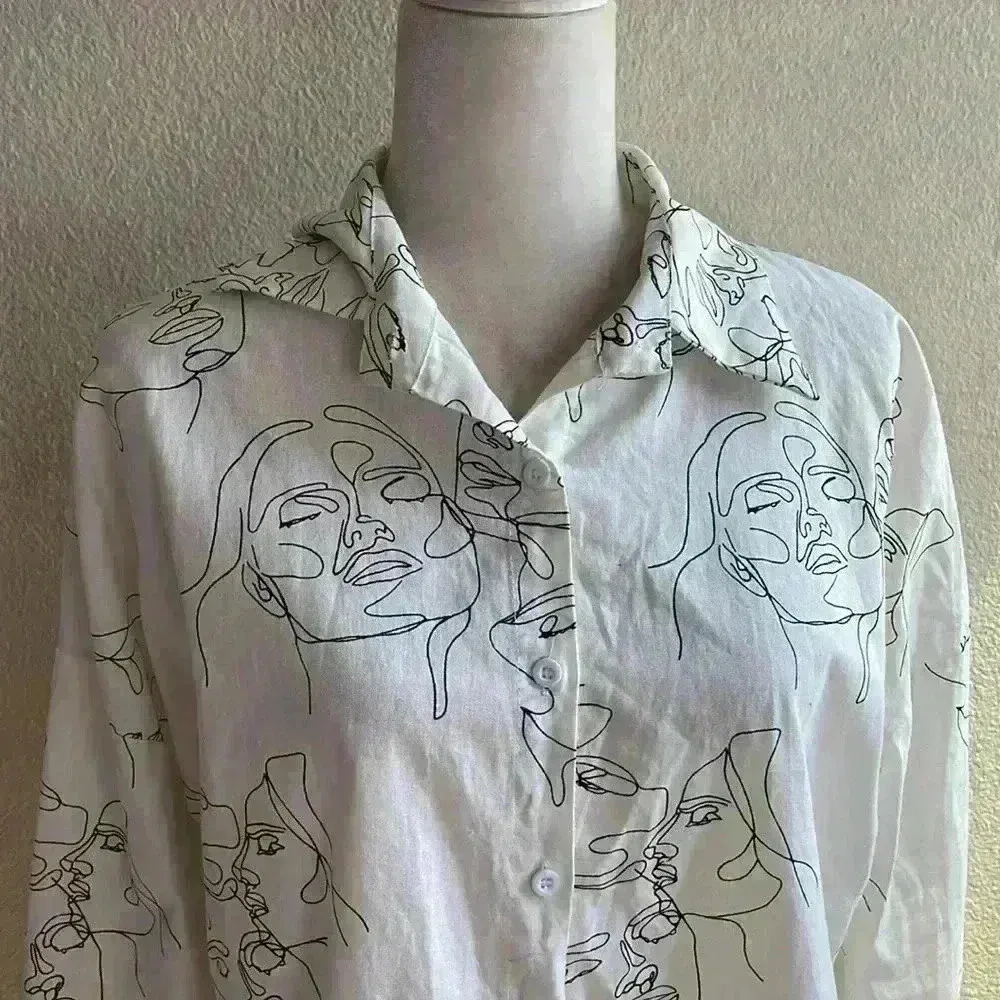 Ladies funky abstract faces‎ Print shirts women sketch print blouse casual shirt White Size undefined - Image 3