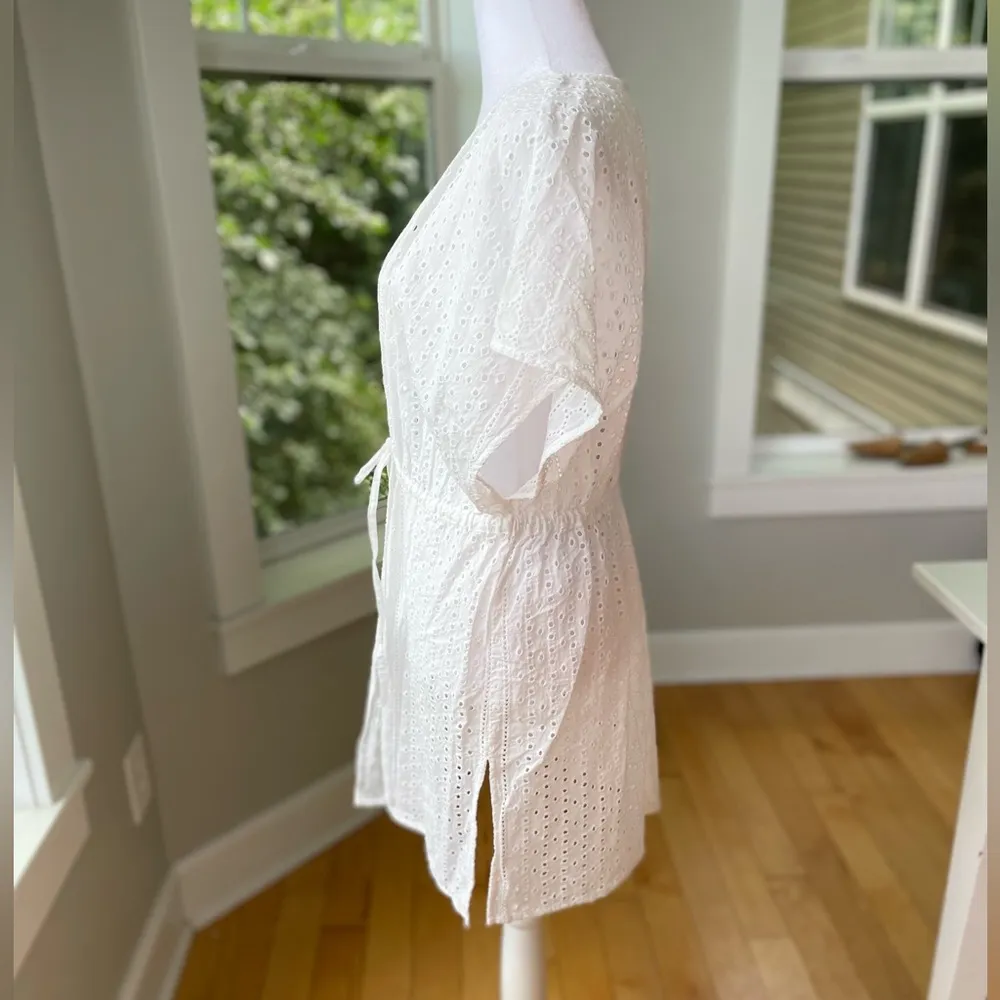 Kona Sol White Cotton Eyelet Drawstring Tie Front Swim Coverup Size S/M - Image 3