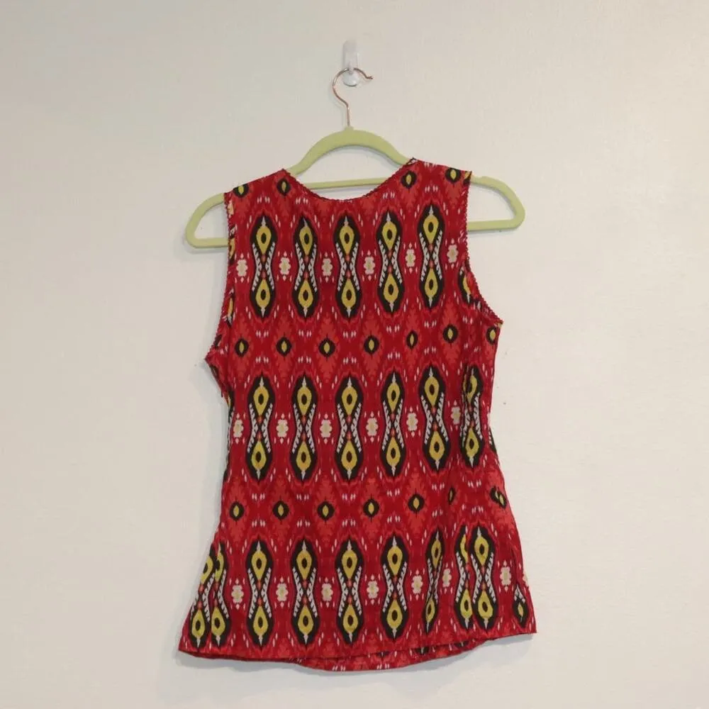 Tory Burch  Red Multicolor Ikat Print Sleeveless Blouse Sz 2 - Image 8