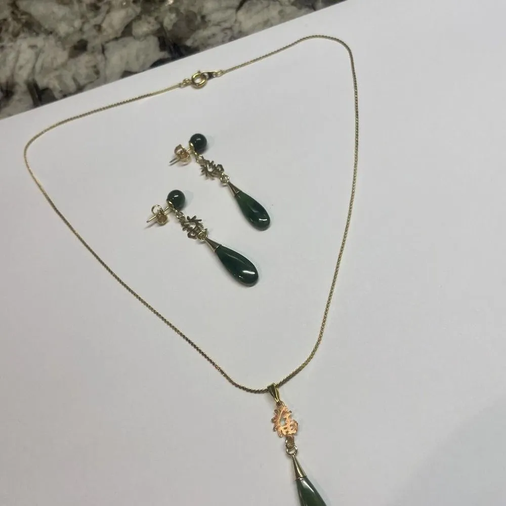 NWOT Necklace Pierced Dangle Earrings Costume Jewelry Set Gold Tone Faux Jade Green - Image 3