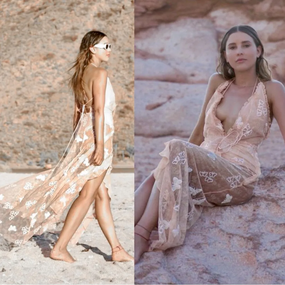 For Love & Lemons Beckett Lace Sheer Butterfly Sequin Bodysuit Maxi Dress Pink - Image 5