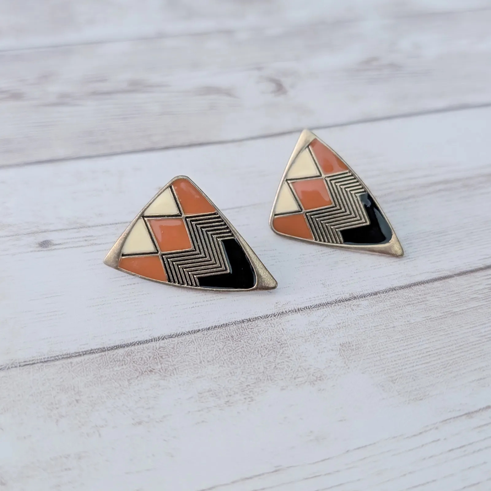 Vintage Stud Earrings Statement Burnt Orange, Cream, Black, Gold Tone - Image 2