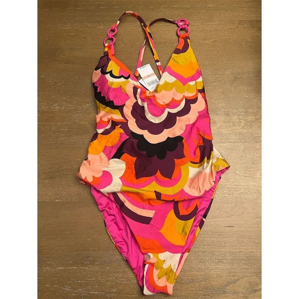 Trina Turk Women's Fan Faire One Piece Swimsuit Halter Plunge Size 12 - Image 9