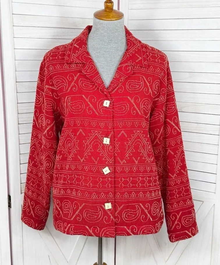 Coldwater Creek Geometric Fair Isle Embroidered Button Up Jacket Red Medium - Image 1