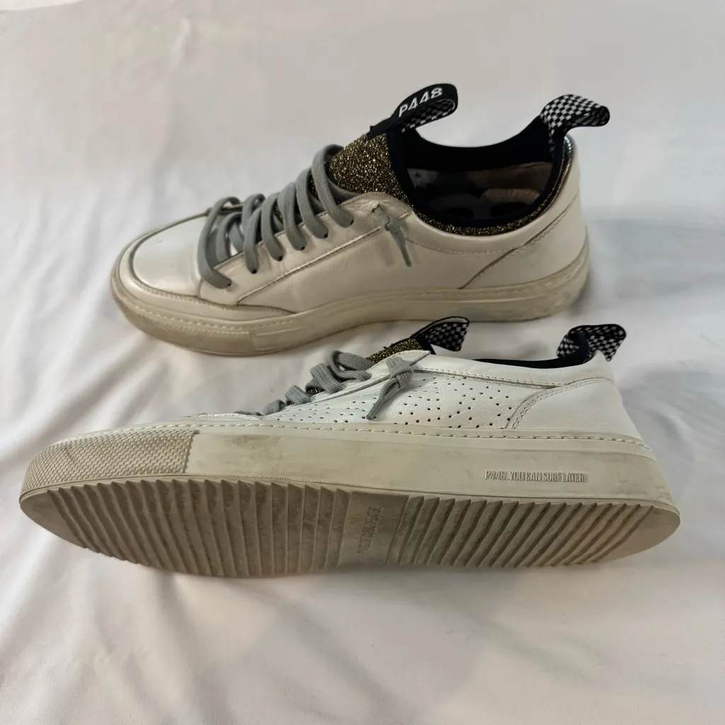 P448 White Soho Socks Gold Glitter Tongue Sneaker Size 40 M 7.5 W 9 Slip On Shoe - Image 2