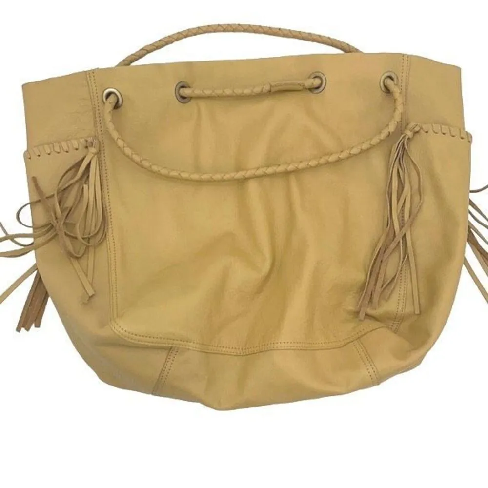 Free People Womens Jolene Cow Leather Fringe Woven Strap Tote Handbag Yellow Tan - Image 3