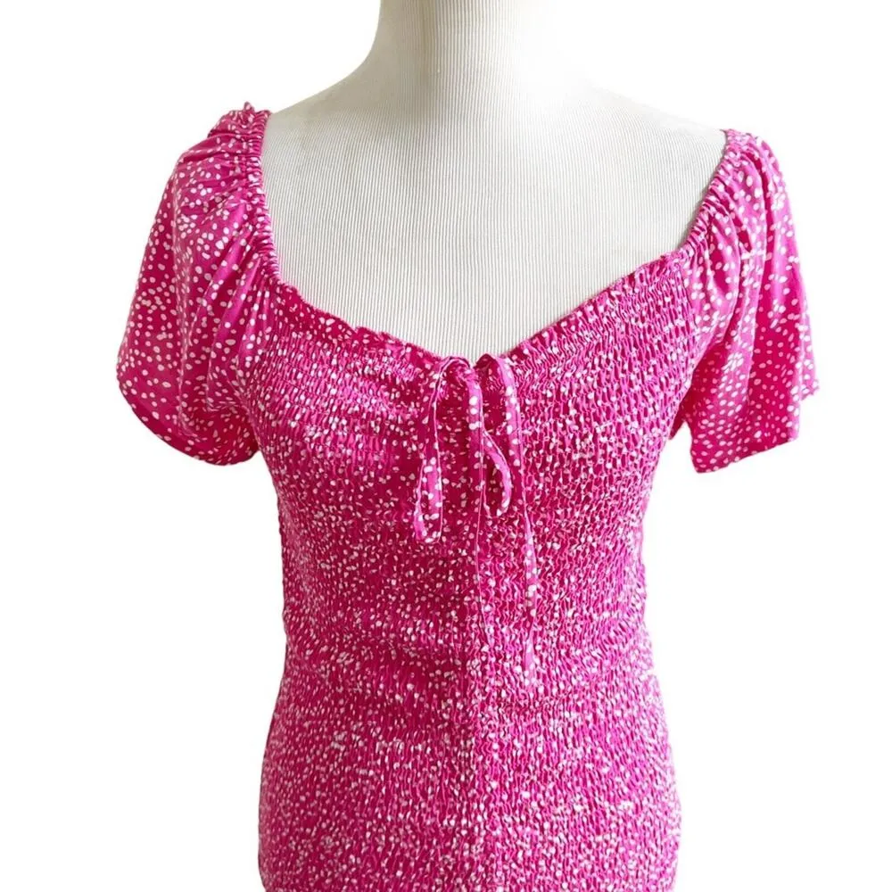 Japna Polka Dot Hot Pink Stretch Mini Dress Size Small Ruched Barbie - Image 2