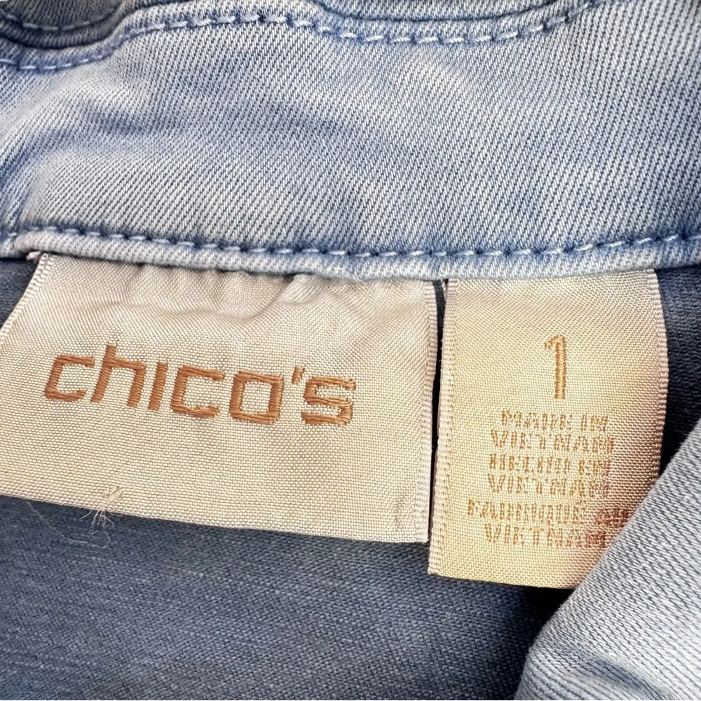 Chico's Ruffled Trim Jean 1=Medium Light Blue Jacket Button Down Feminine Fall‎ - Image 2