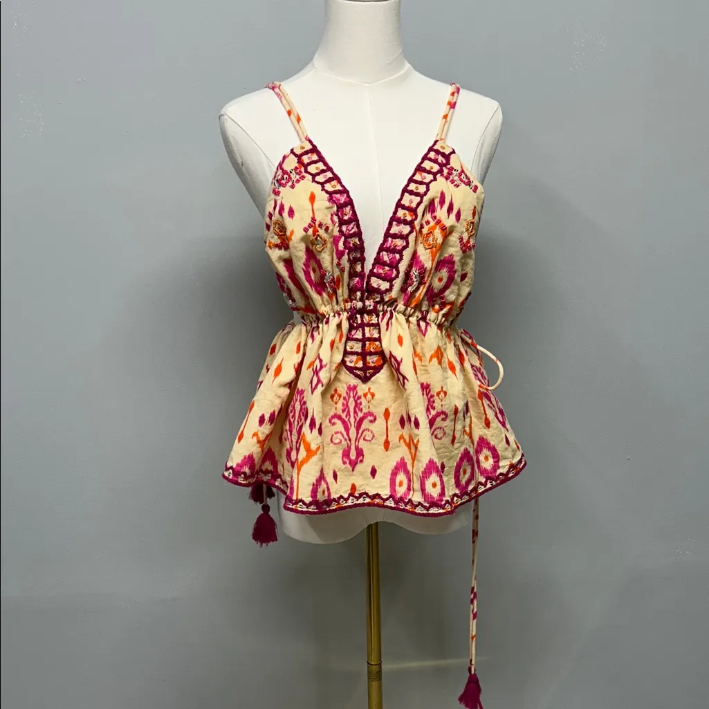 Zara Tank Top Boho Tassel Babydoll Ikat Strappy Backless Festival Beachy Peplum - Image 5
