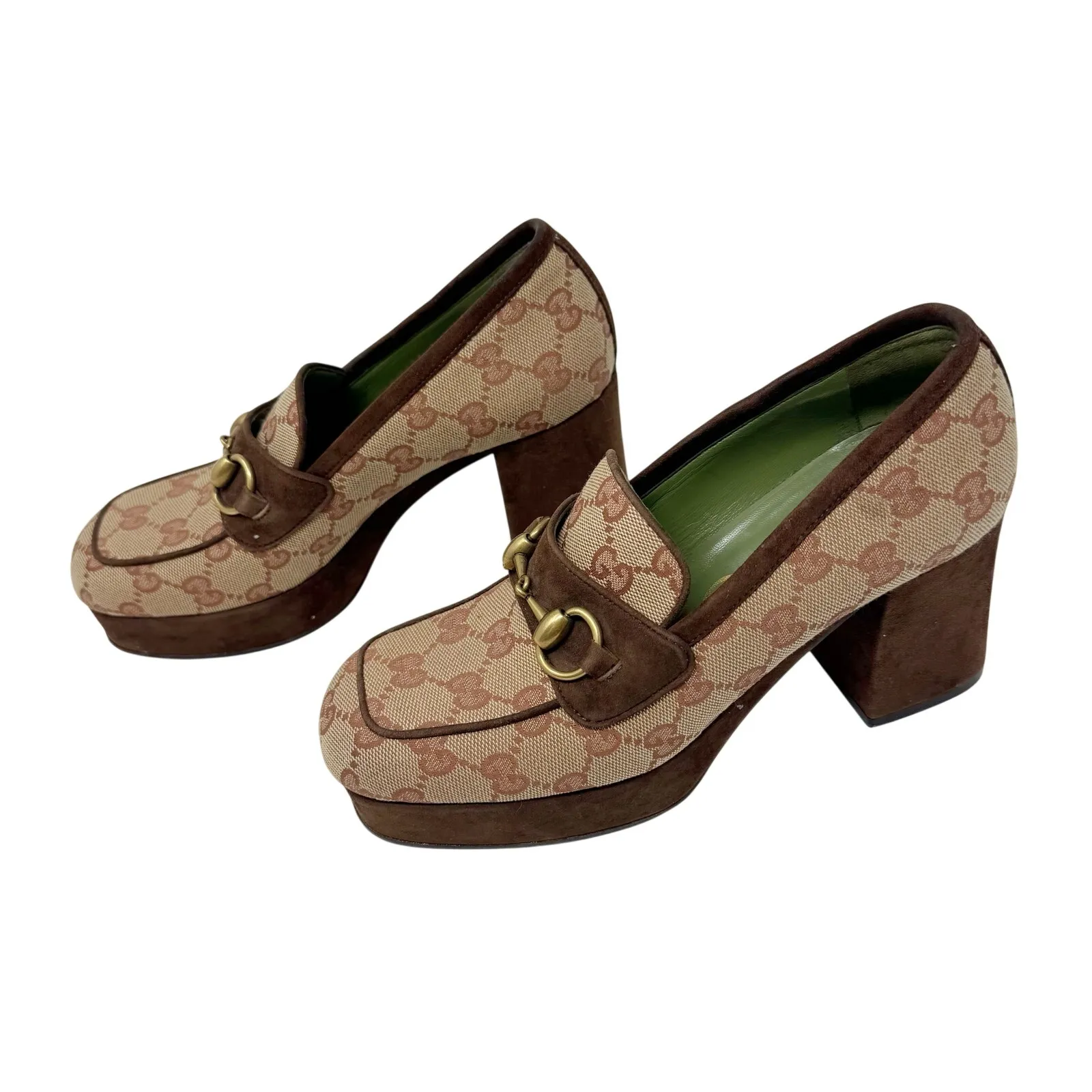 Gucci Houdan Platform Loafer Heels Brown GG Canvas Suede Horsebit EU 36 - Image 4