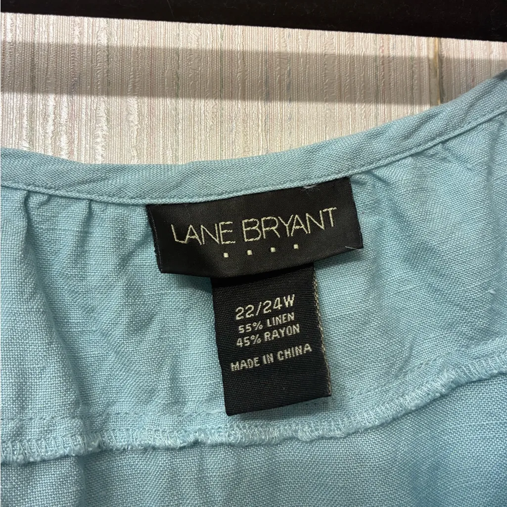 Lane Bryant Plus 22/24W Linen Rayon Peasant Blouse Top Seafoam Aqua Tie Neck - Image 7