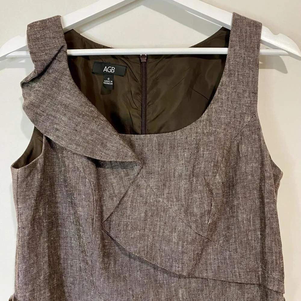AGB Women’s Midi Business Ruffle Front Scoop Neck Dress Brown Size 6 EUC - Image 3