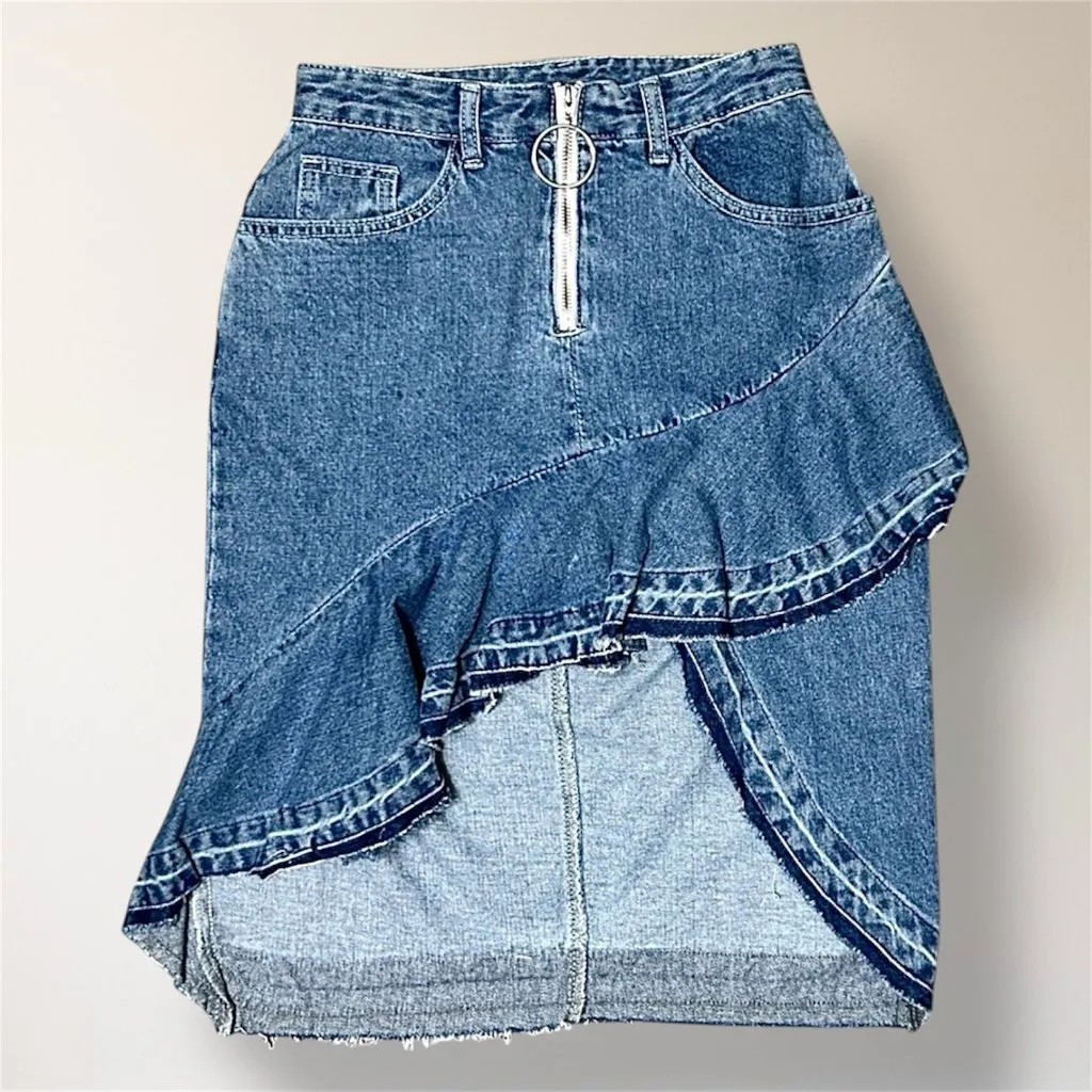 After Market S Blue Denim Asymmetrical Ruffle Raw Hem Skirt Zip Front Y2K Boho - Image 3