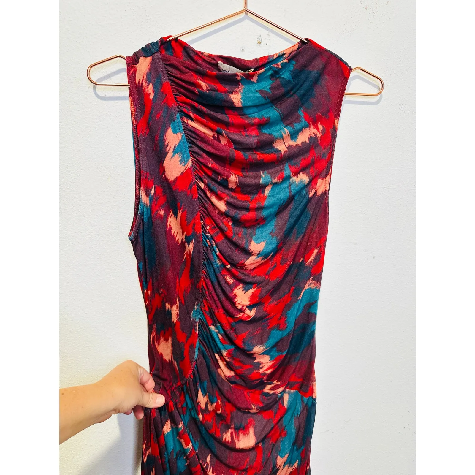 ULLA JOHNSON Red Green Abstract Boat Neck Side Ruched Livia Dress size Medium - Image 11
