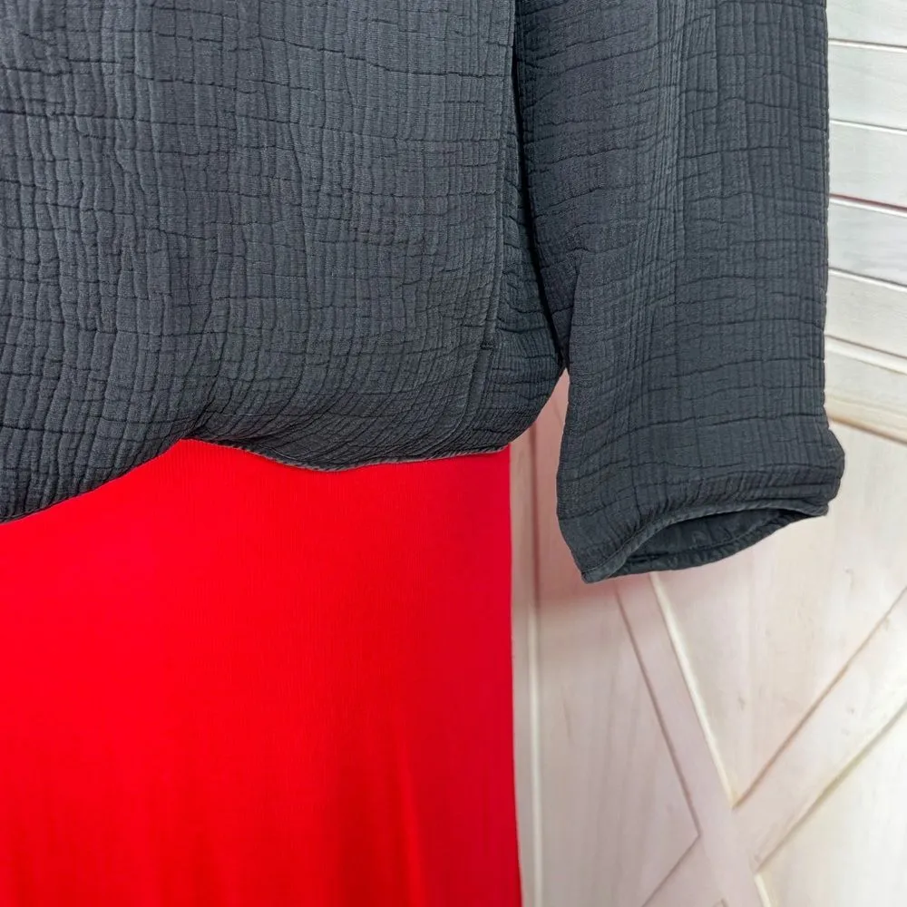 Chicos Textured Silk Mandarin Collar Open Front Bomber Jacket Black Large 12 - Image 6