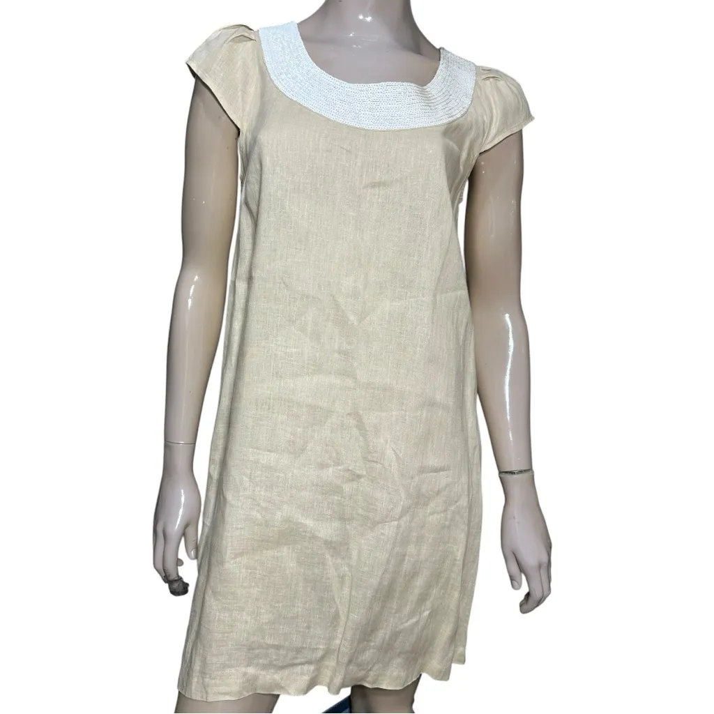 Calypso St Barth Women’s Size M Tan Beige Linen White Sequin Neck Mini Dress - Image 2