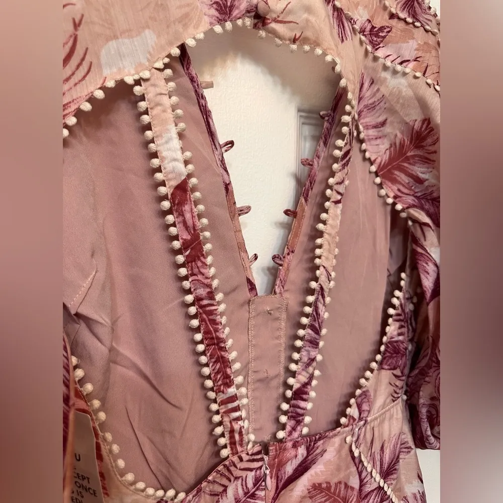 ASOS palm print structured mini dress with lace trim detail and puff sleeve - Image 3