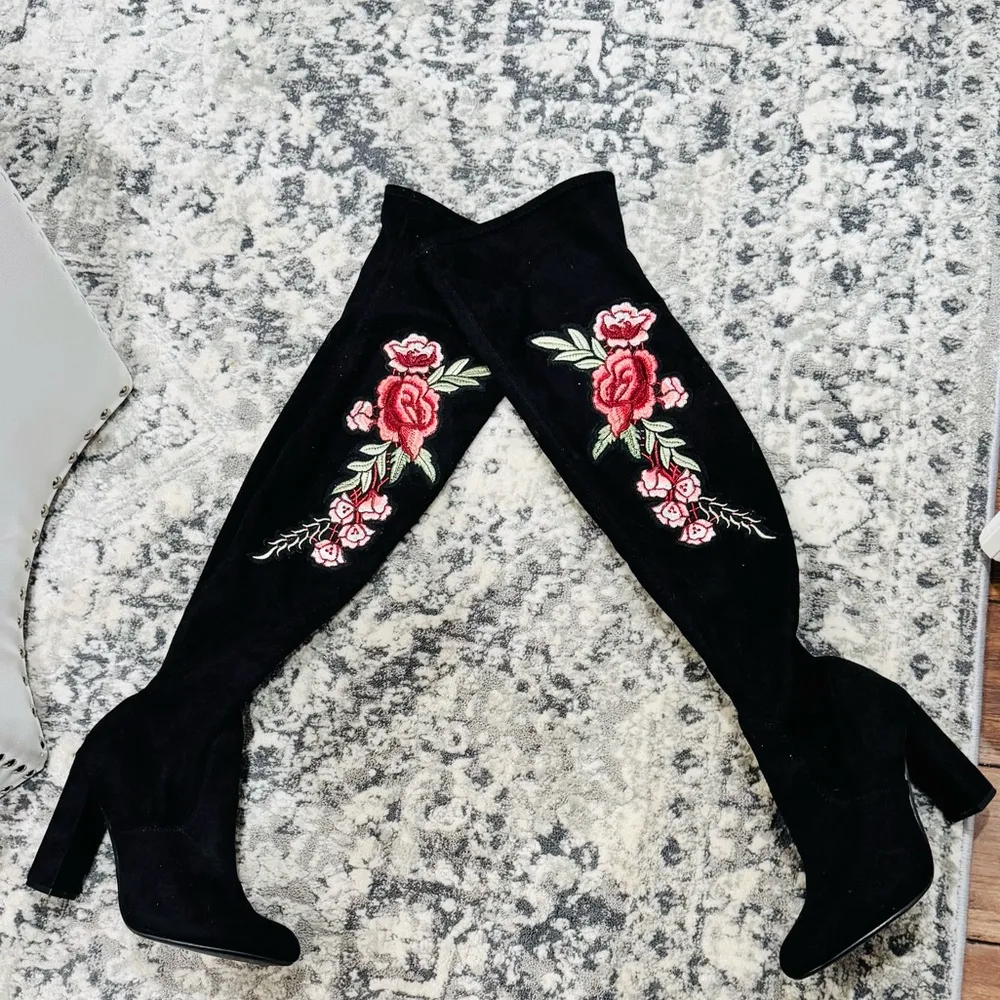 Black Rose Embroidered Over the Knee Faux Suede Boots - Image 10