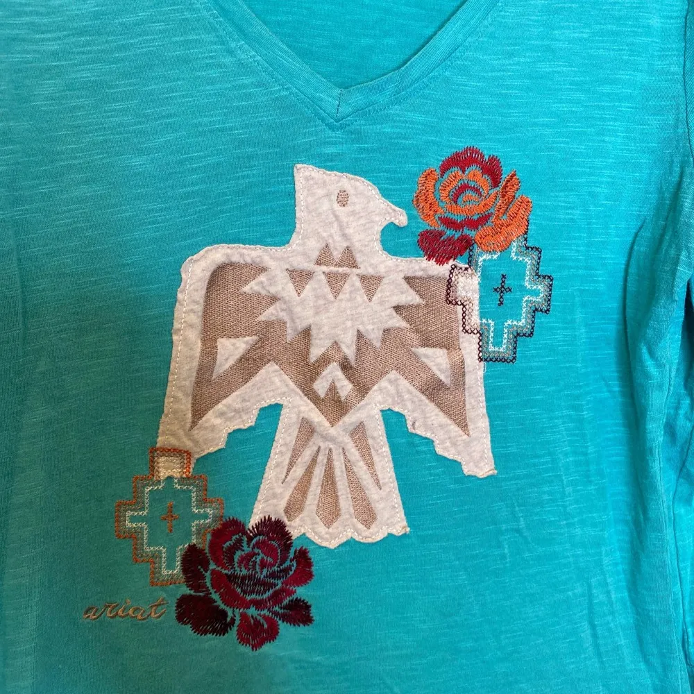 Ariat Lightweight Embroidered 3/4 Sleeve Diablo Tee EUC Sz M Teal Cotton Stretch - Image 2