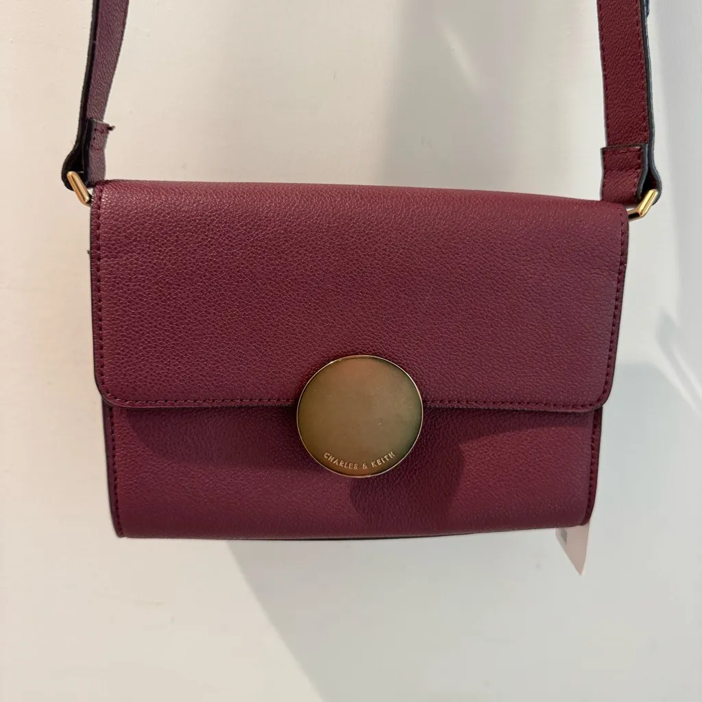 NWT Charles & Keith Burgundy Circular Push Lock Crossbody Bag - Image 3