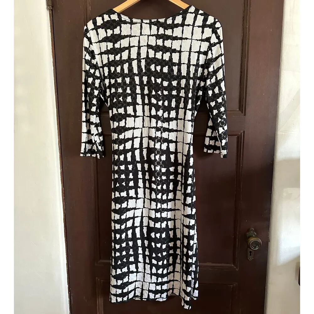 JOSEPH RIBKOFF | Black and White Graphic Faux Wrap Ruched Dress | Size 10 - Image 6