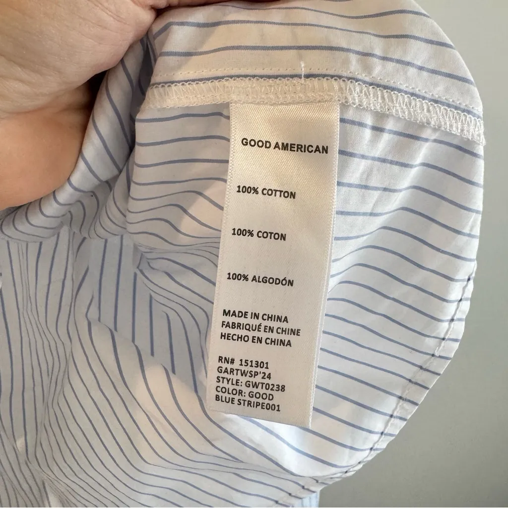 Good American Cotton Poplin Cropped Shirt in Blue Stripe XS - Image 3