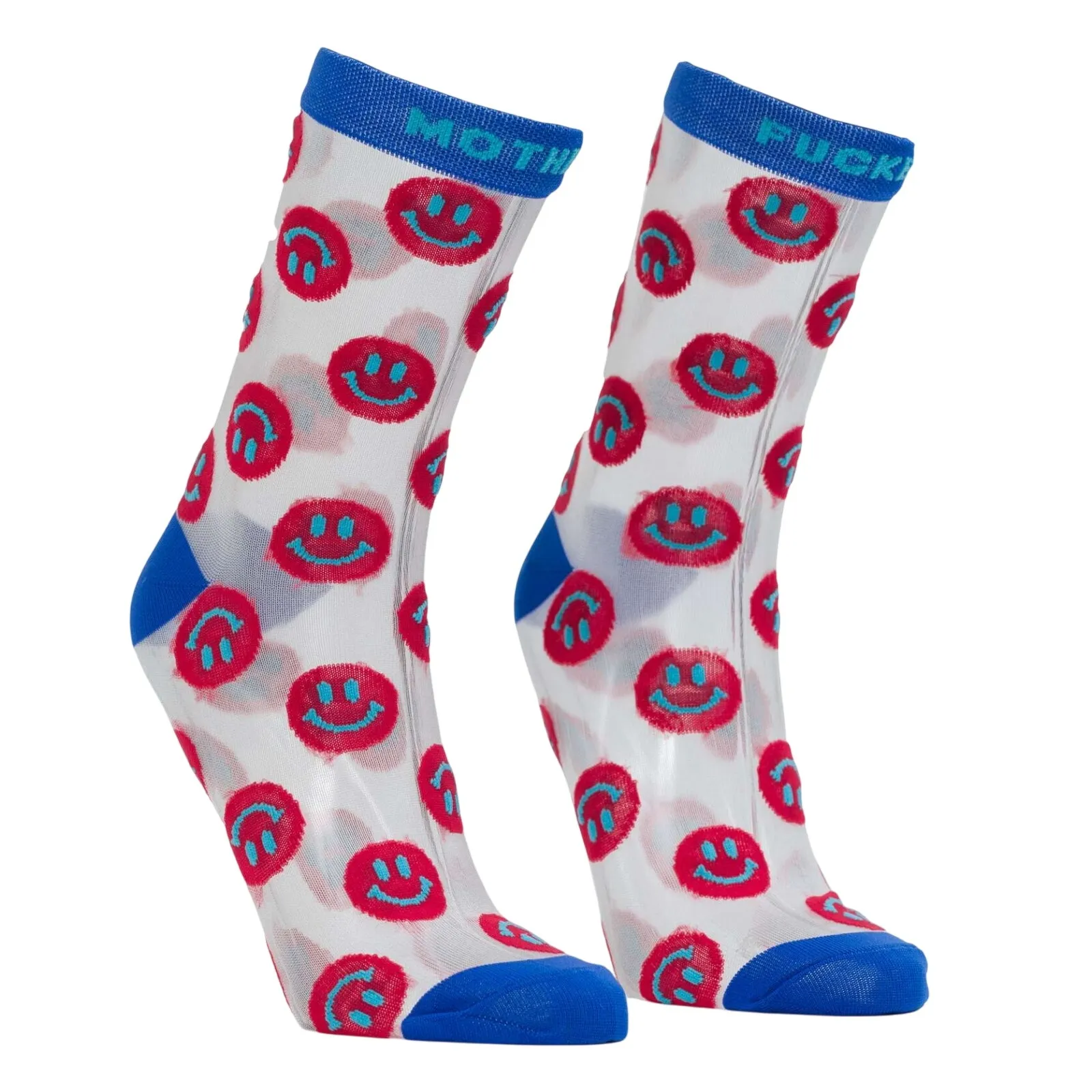 Mother The Step Up Happy Sad MF Red Blue Smiley Face Sheer Socks NEW Tags - Image 3
