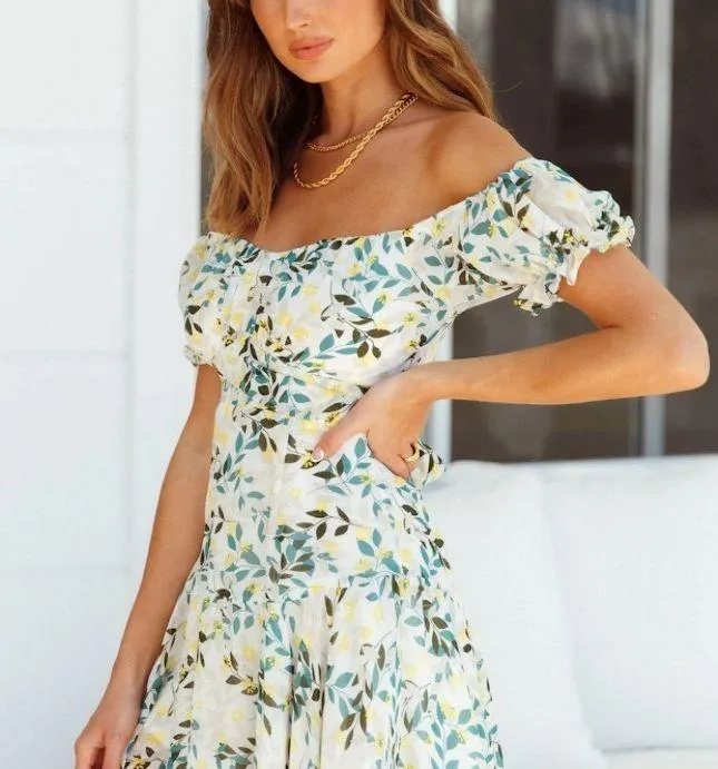 Hello Molly Double Text yellow green multi leaf Ruffle milkmaid Mini dress sz L - Image 2