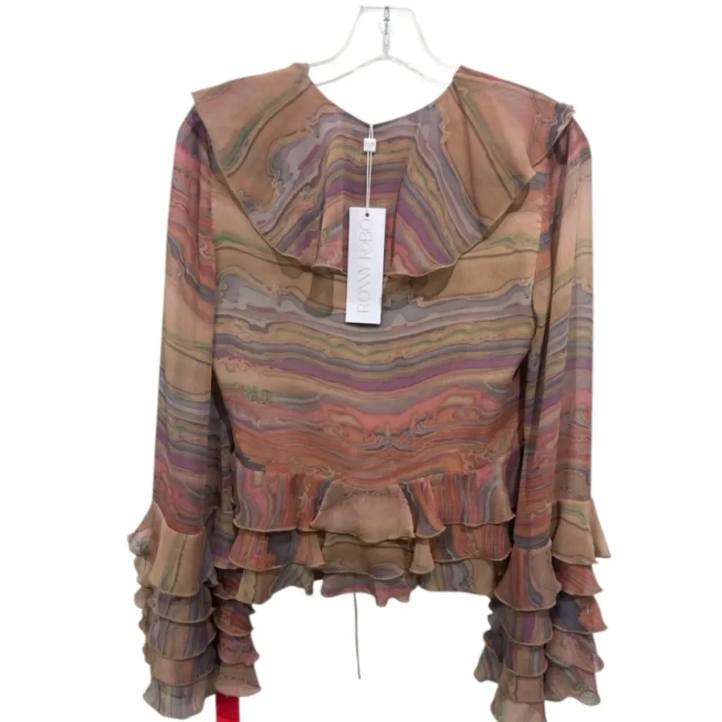 NWT Ronny Kobo Nova Marble Desert Ruffle Blouse Sz S Beige/Purple Multi Tan - Image 8