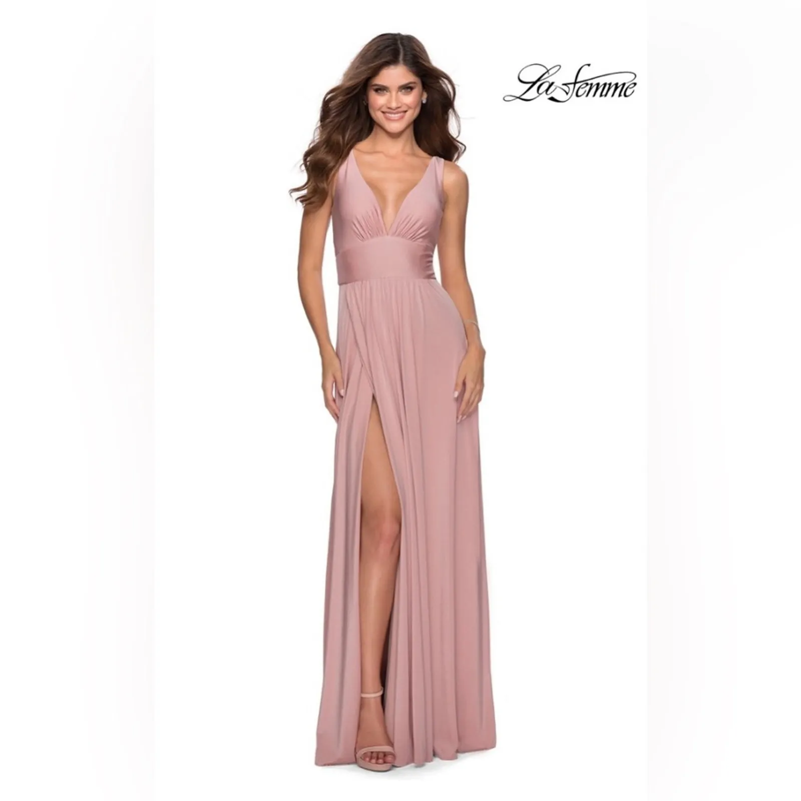 La Femme 28547 Plunge V-Neck A-Line Maxi Dress Satin Jersey mauve pink 4 NEW - Image 8