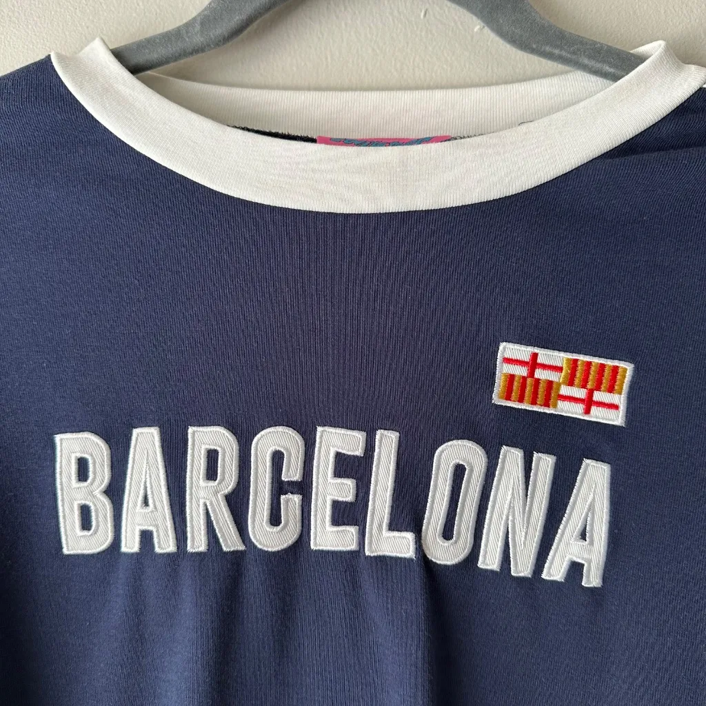 Edikted Barcelona Cropped Graphic Navy Ringer Tee Shirt Size L 90’s Y2K Skater - Image 6
