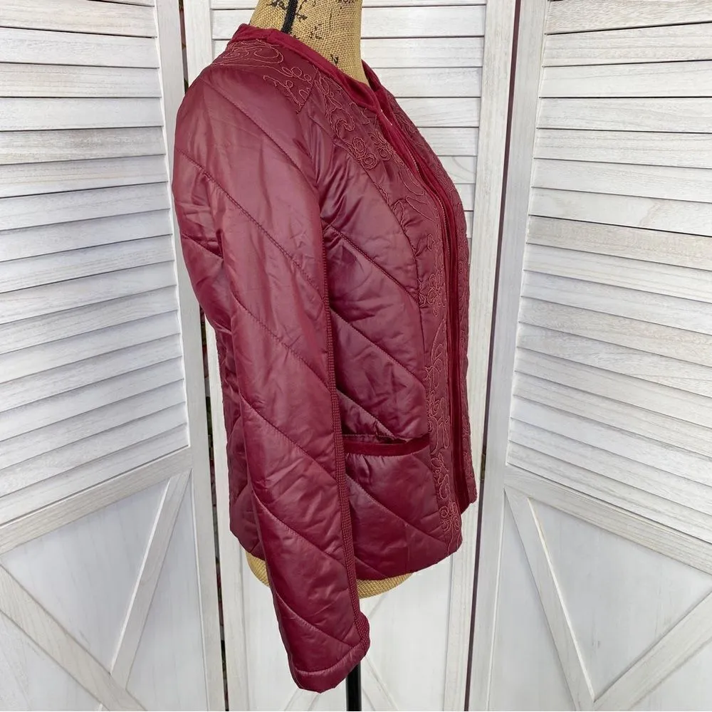 Zenergy by Chico’s Quilted Embroidered Puffer Moto Jacket Maroon Red Small - Image 3