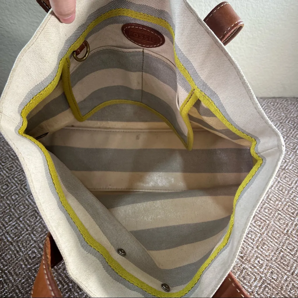 Fossil Rachel Blue Gray /Cream Coated Canvas KEY Leather Shoulder Tote Bag - Image 5