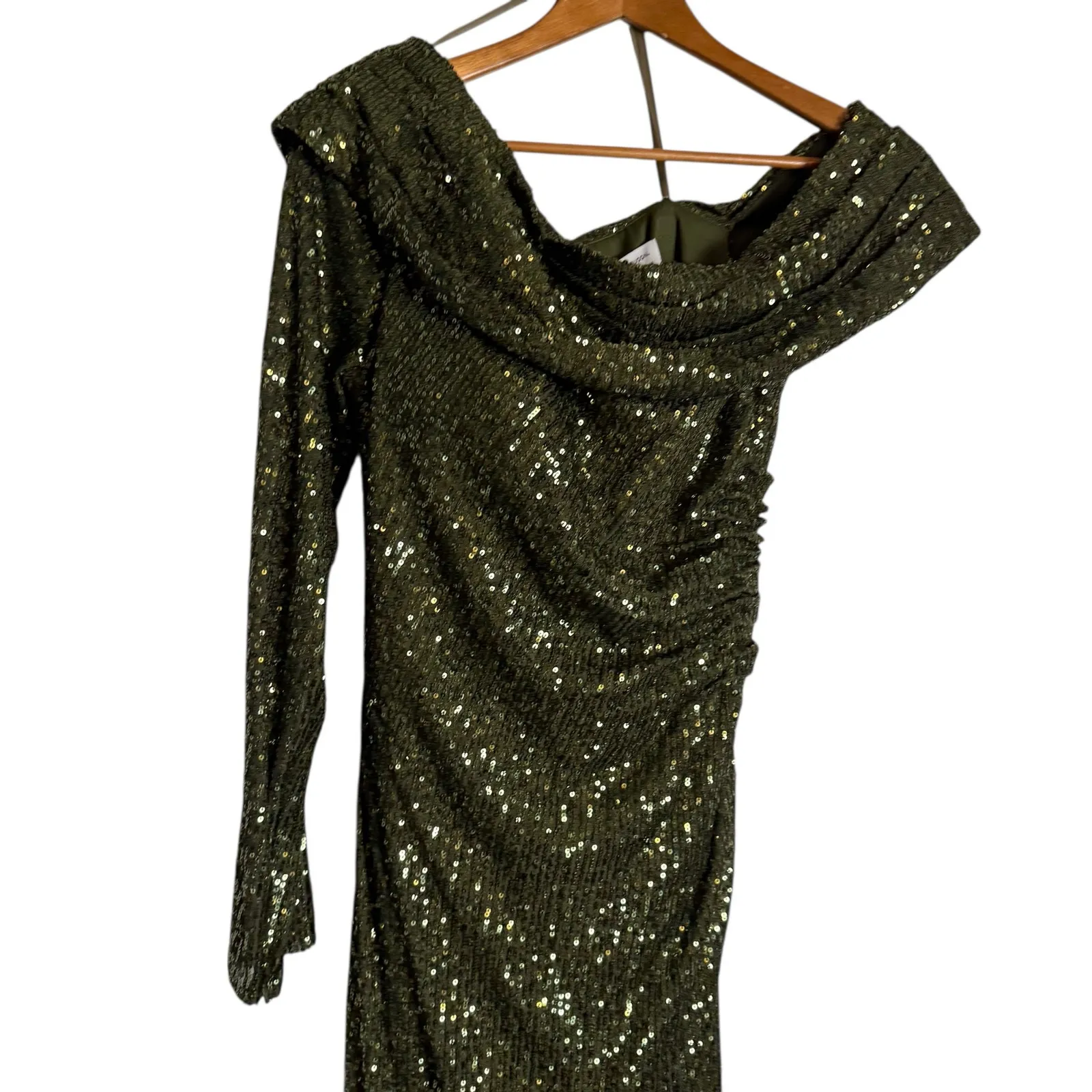 Mac Duggal Olive Green Sequined Drop Shoulder Faux Wrap Evening Gown Size 10 - Image 5