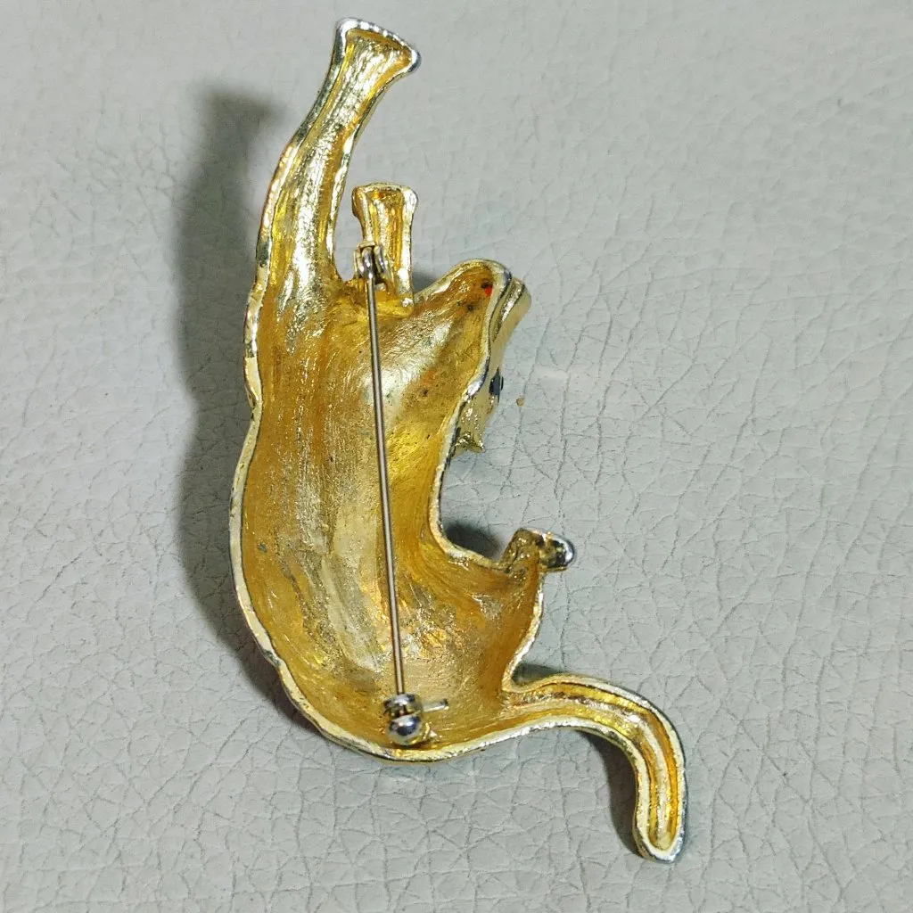 Long Tiger Brooch Black Enamel Stripe Vintage Gold Tone Emerald Green Eye 3 Inch - Image 11