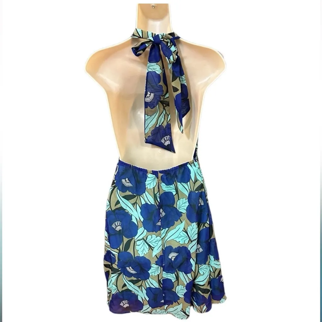 Judith March Indigo Poppy Halter Tie Neck Mini Dress Blue and Green Size Small - Image 2