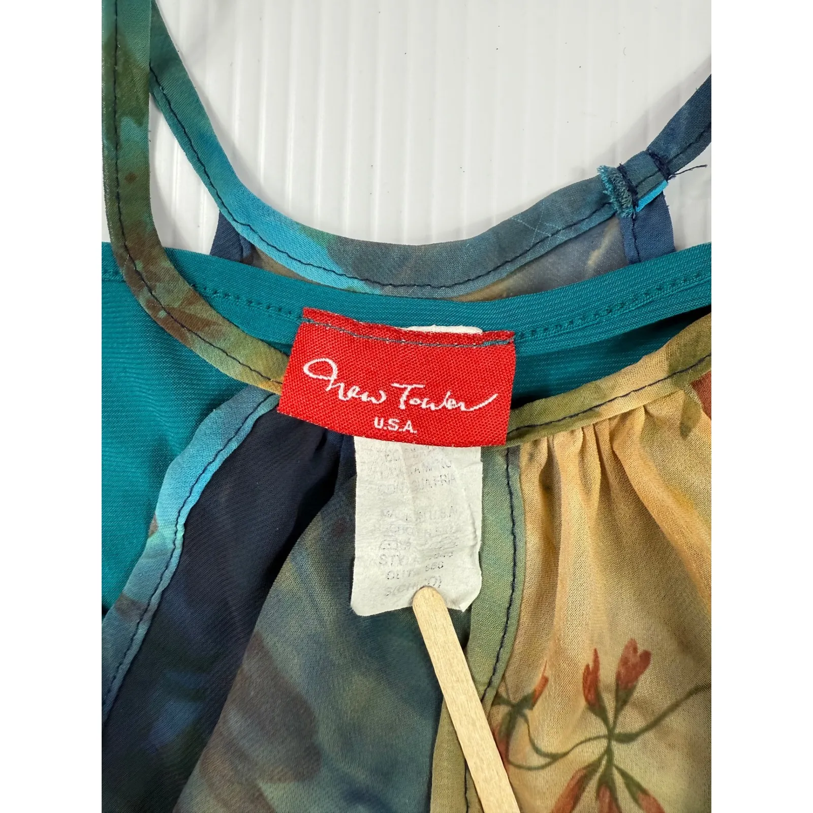 New Tower Floral Tank Top Sleeveless Teal Blue Overlay USA Made Small‎ - Image 2