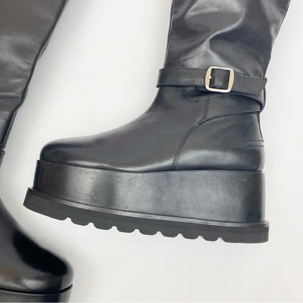 Free People Collection Not For Riding Platform Boots Tall Leather Buckle Black - Image 14