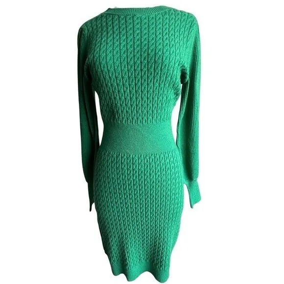 DONNA MORGAN Cable Knit Midi Sweater Dress Green Dolman Sleeve Lagenlook Classic - Image 3