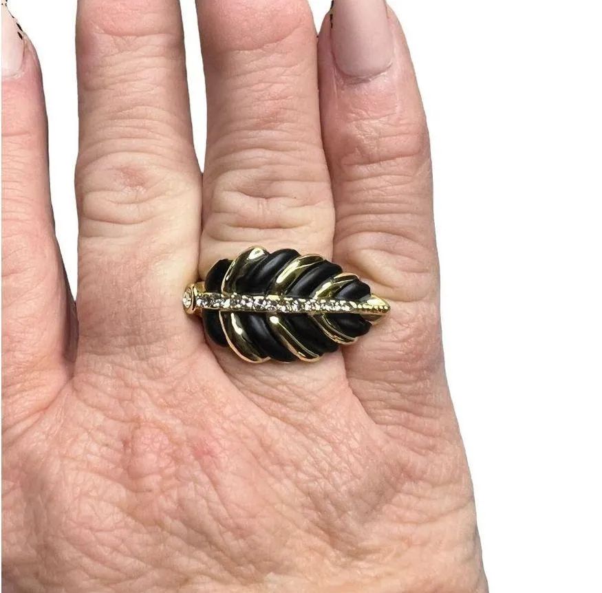 Roberto by RFM Gold plated Ring Leaf Black enamel clear cz stones size 9 NEW - Image 3