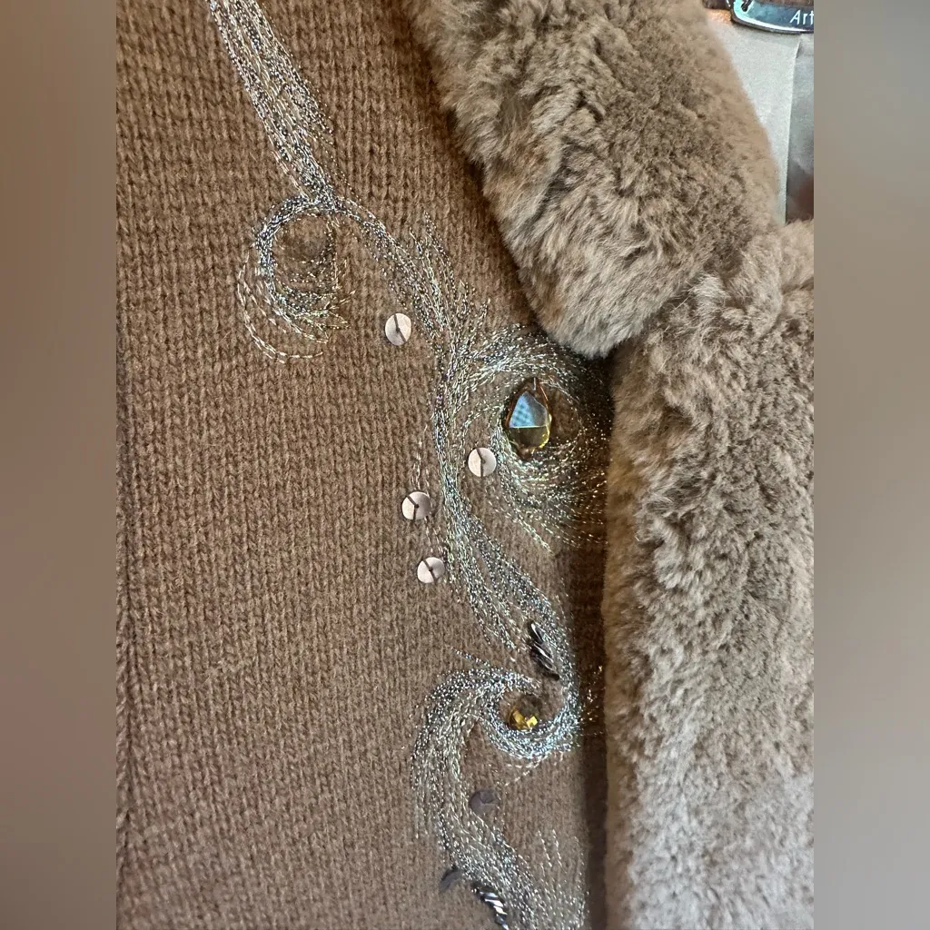 Arte International Faux Fur Trim Cardigan Sweater Sequin Rhinestone Embellshed Brown Size M - Image 2