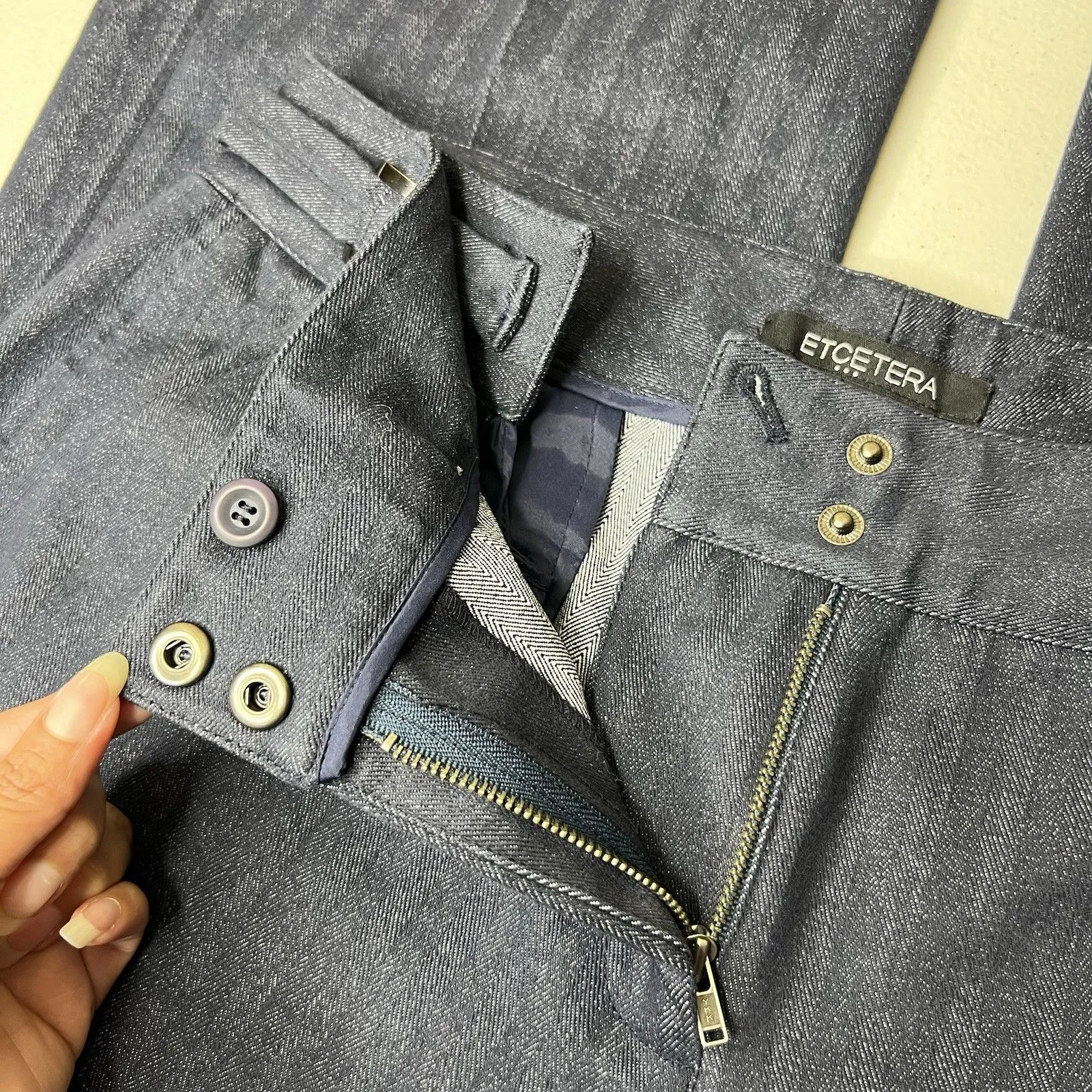 Etcetera Flare Jeans Womens 10 Pinstripe Side Buckle Stretch Pleat Y2k Retro 34” - Image 5