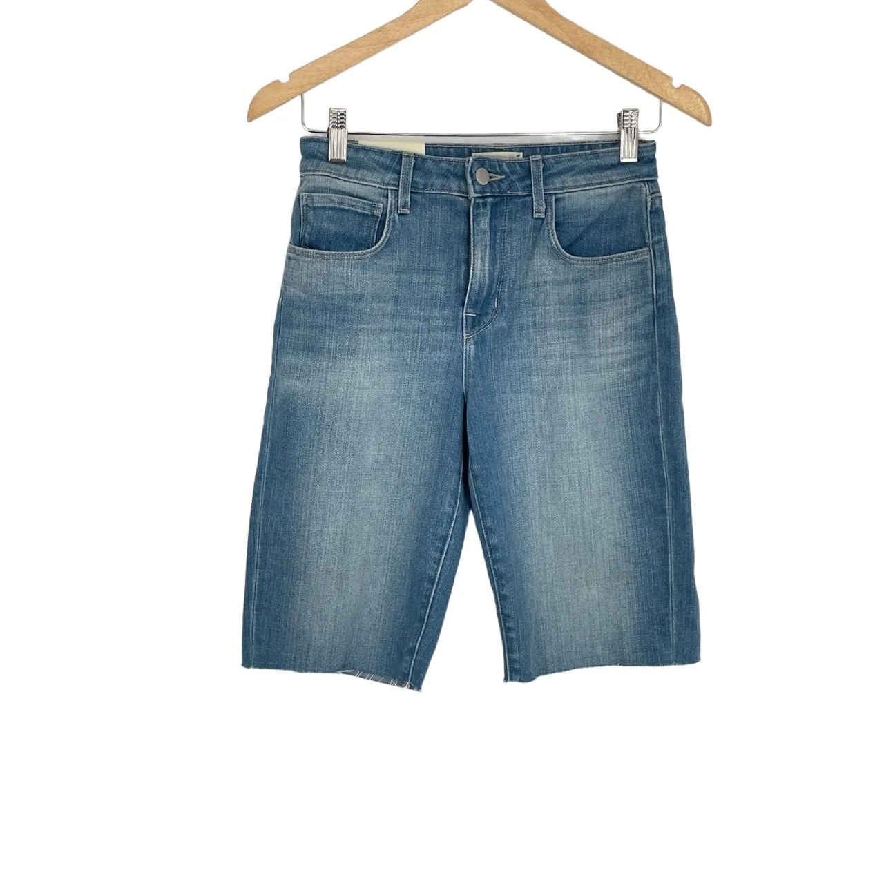 L'AGENCE Women's Blue‎ Light Wash Raw Hem Taylor High Rise Denim Short Size 24 - Image 3