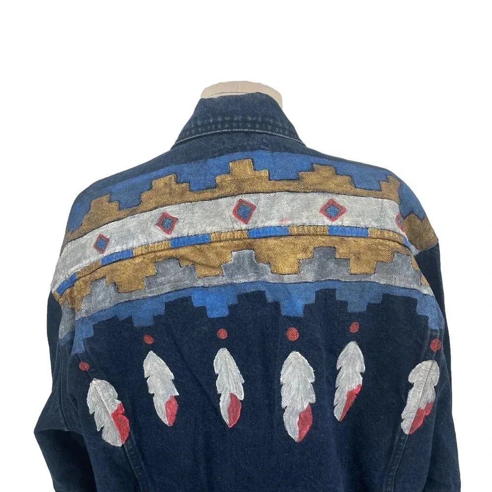 Sundance Hand Painted Feather Print Dark Denim Jacket Blue Red Size‎ XL - Image 8