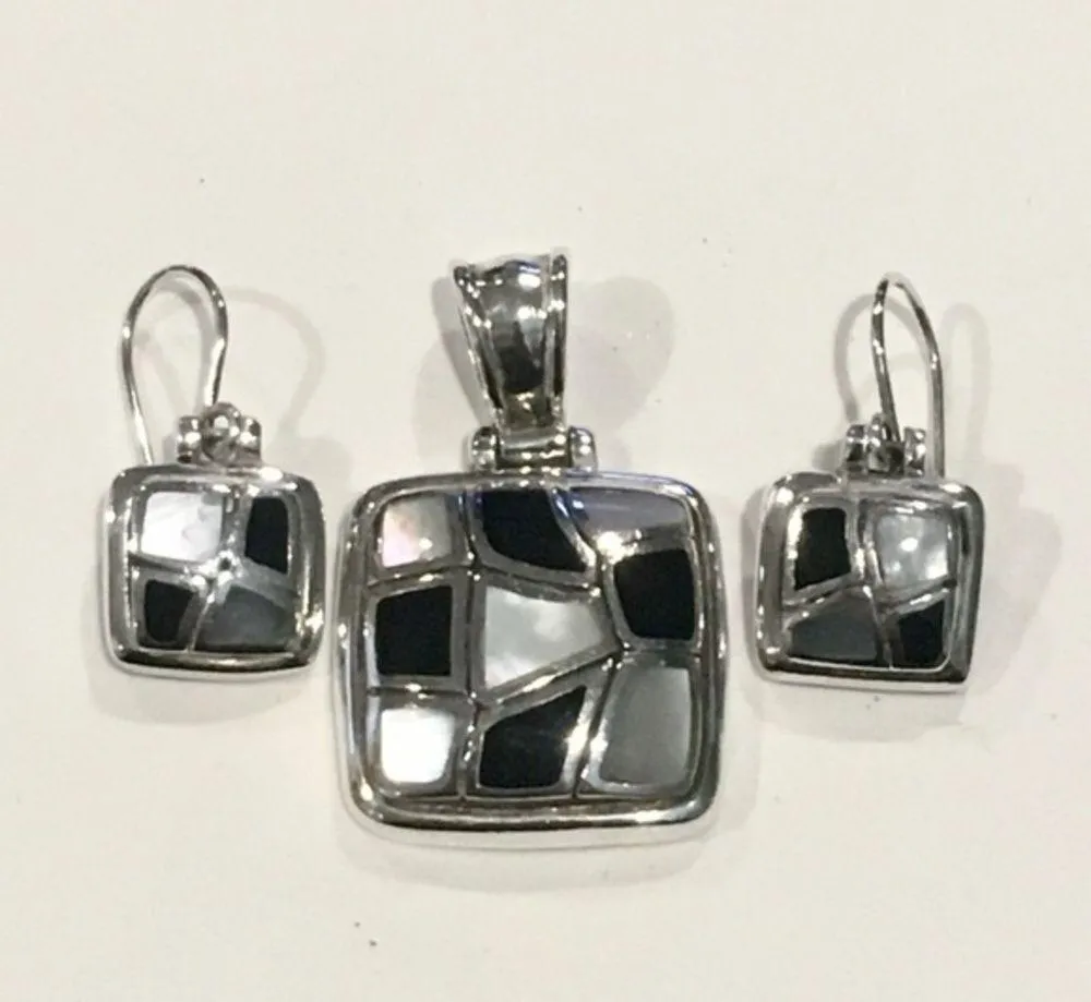 Checkerboard Mosaic Inlay Sterling Onyx Mother of Pearl Drop Earrings & Pendant - Image 2