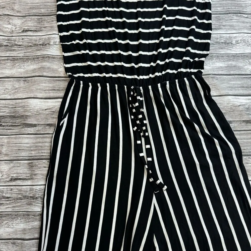 Zenana Women's Black White Striped Jumpsuit Romper Pockets Tie XL Extra Large - Image 8