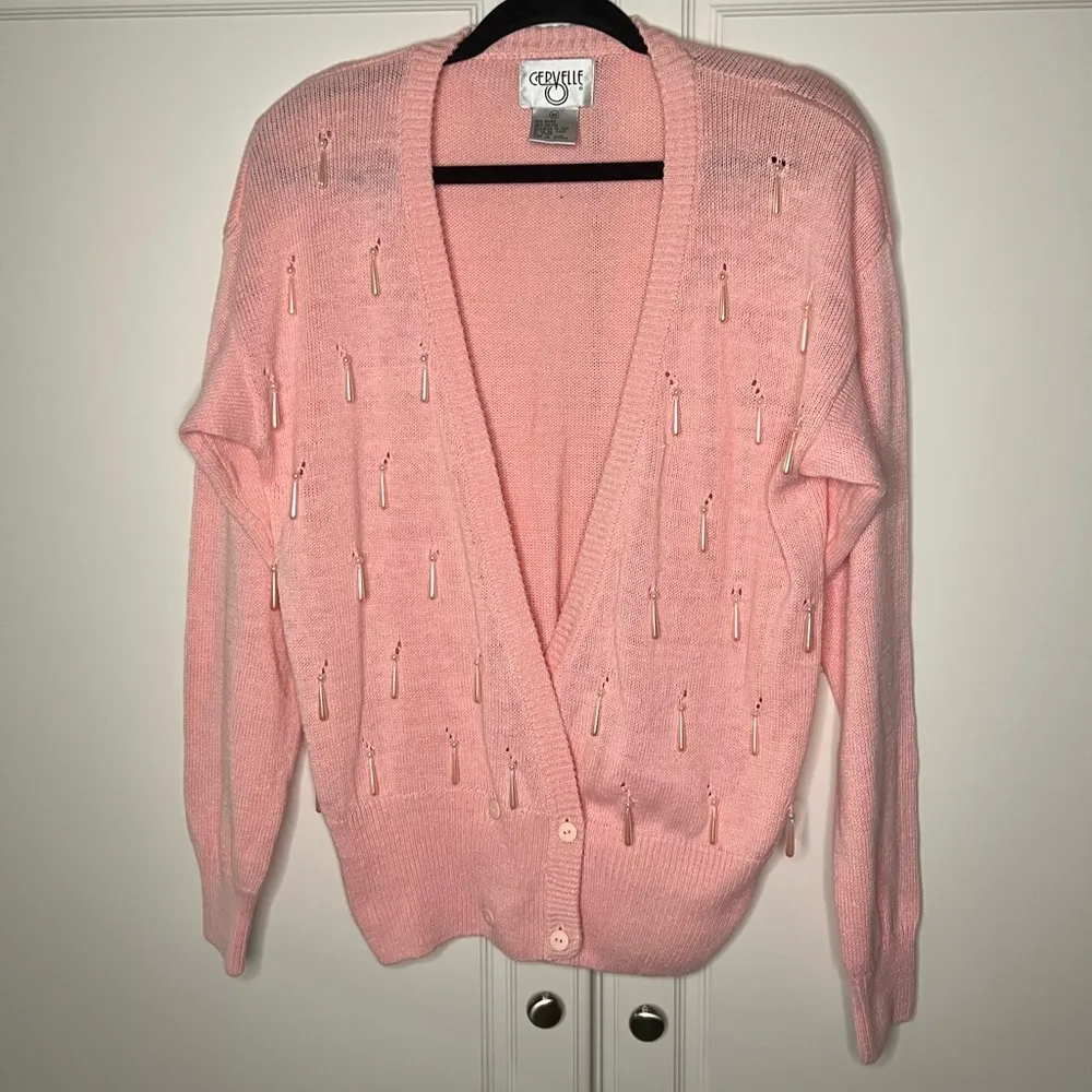Vintage Pink Beaded Cardigan Coquette Balletcore Knit Sweater - Image 3